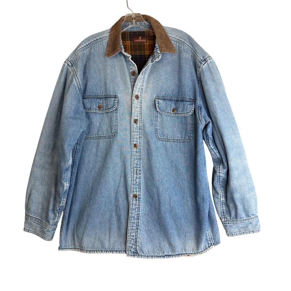 Vintage 90s Denim Shirt Jacket Mens L Blue Corduroy Collar Plaid Flannel Lined